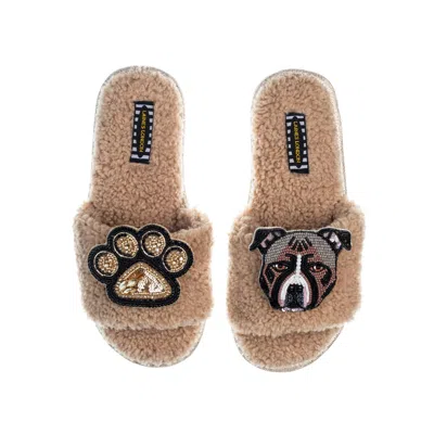 Laines London Women's Brown Teddy Toweling Slippers With Luna-rose Staffy & Paw Brooches - Toffee