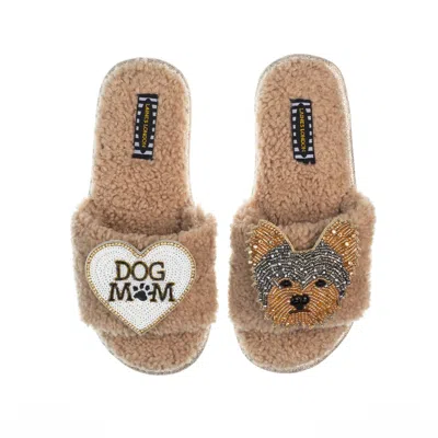Laines London Women's Brown Teddy Toweling Slippers With Minnie Yorkie & Dog Mum /mom Brooches - Toffee
