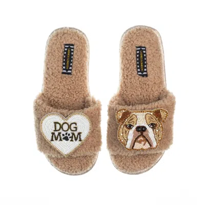 Laines London Women's Brown Teddy Toweling Slippers With Mr Beefy The Bulldog & Dog Mum /mom Brooches - Toffee