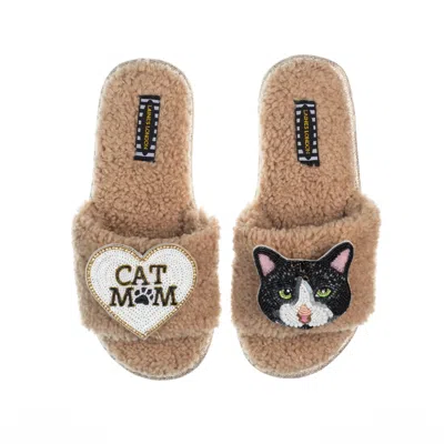 Laines London Women's Brown Teddy Toweling Slippers With Oreo & Cat Mom / Mum Brooches - Toffee