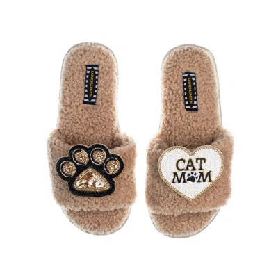Laines London Women's Brown Teddy Toweling Slippers With Paw & Cat Mom / Mum Brooches - Toffee