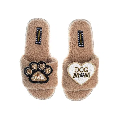 Laines London Women's Brown Teddy Toweling Slippers With Paw Print & Dog Mum /mom Brooches - Toffee