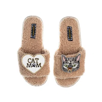 Laines London Women's Brown Teddy Toweling Slippers With Pebbles Cat & Cat Mom / Mum Brooches - Toffee