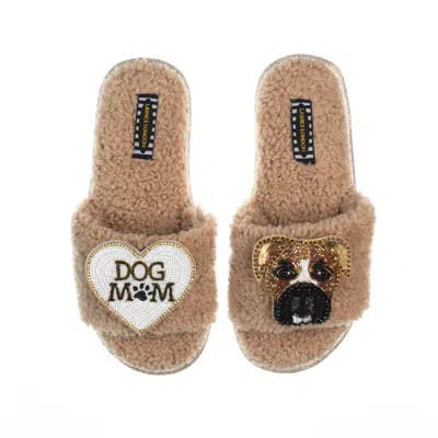 Laines London Women's Brown Teddy Toweling Slippers With Pip The Boxer & Dog Mum /mom Brooches - Toffee