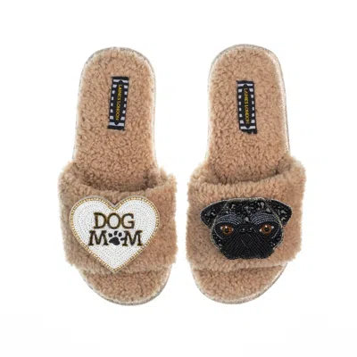 Laines London Women's Brown Teddy Toweling Slippers With Snoopy Pug & Dog Mum /mom Brooches - Toffee