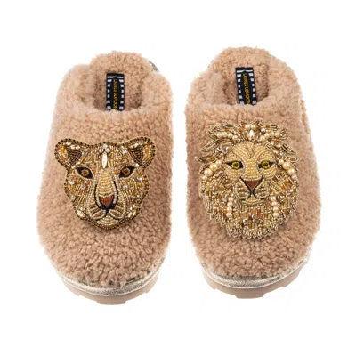 Laines London Women's Brown Teddy Towelling Closed Toe Slippers With Artisan Gold Lion & Lioness Brooches - Toffee