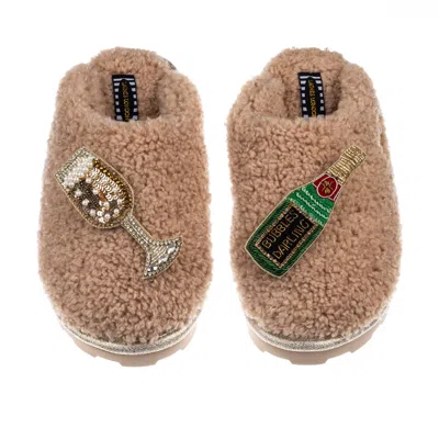 Laines London Women's Brown Teddy Towelling Closed Toe Slippers With Bubbles Darling  Brooches - Toffee
