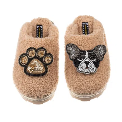 Laines London Women's Brown Teddy Towelling Closed Toe Slippers With Coco & Paw Brooches - Toffee