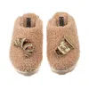 Laines London Women's Brown Teddy Towelling Closed Toe Slippers With Coffee & Croissant Brooches - Toffee In Brown