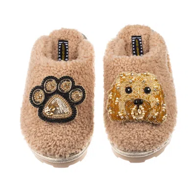 Laines London Women's Brown Teddy Towelling Closed Toe Slippers With Enki Doo & Paw Brooch - Toffee