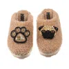 Laines London Women's Brown Teddy Towelling Closed Toe Slippers With Franki & Paw Brooch - Toffee In Brown