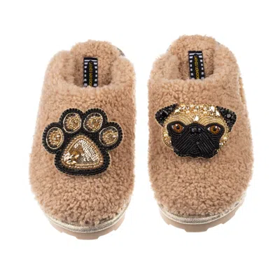 Laines London Women's Brown Teddy Towelling Closed Toe Slippers With Franki & Paw Brooch - Toffee