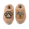Laines London Women's Brown Teddy Towelling Closed Toe Slippers With Minnie Yorkie & Paw Brooches - Toffee In Brown
