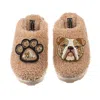 Laines London Women's Brown Teddy Towelling Closed Toe Slippers With Mr Beefy Bulldog & Paw Brooch - Toffee In Brown