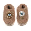 Laines London Women's Brown Teddy Towelling Closed Toe Slippers With Mystic Eyes Brooches - Toffee In Brown