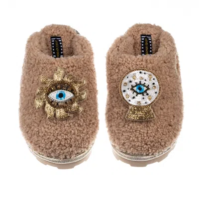 Laines London Women's Brown Teddy Towelling Closed Toe Slippers With Mystic Eyes Brooches - Toffee