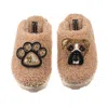 Laines London Women's Brown Teddy Towelling Closed Toe Slippers With Pip The Boxer & Paw Print Brooches - Toffee In Brown