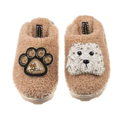 Laines London Women's Brown Teddy Towelling Closed Toe Slippers With Queenie & Paw Brooch - Toffee