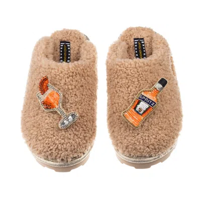 Laines London Women's Brown Teddy Towelling Closed Toe Slippers With Summer Spritz Brooches - Toffee