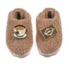Laines London Women's Brown Teddy Towelling Closed Toe Slippers With Tea & Biscuit  Brooches - Toffee In Brown