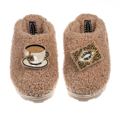 Laines London Women's Brown Teddy Towelling Closed Toe Slippers With Tea & Biscuit  Brooches - Toffee