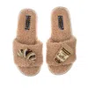 Laines London Women's Brown Teddy Toweling Slipper Sliders With Coffee & Croissant Brooches - Toffee In Brown