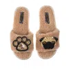 Laines London Women's Brown Teddy Towelling Slipper Sliders With Franki & Paw Brooch - Toffee In Brown