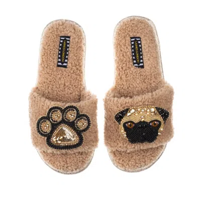 Laines London Women's Brown Teddy Towelling Slipper Sliders With Franki & Paw Brooch - Toffee