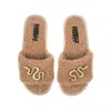 Laines London Women's Brown Teddy Towelling Slipper Sliders With Gold Metal Snake Brooches - Toffee In Brown