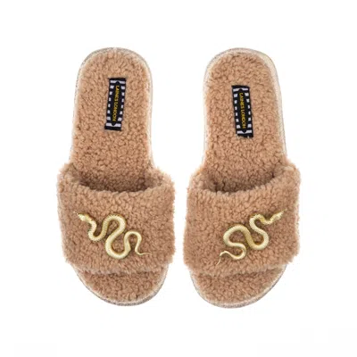 Laines London Women's Brown Teddy Towelling Slipper Sliders With Gold Metal Snake Brooches - Toffee