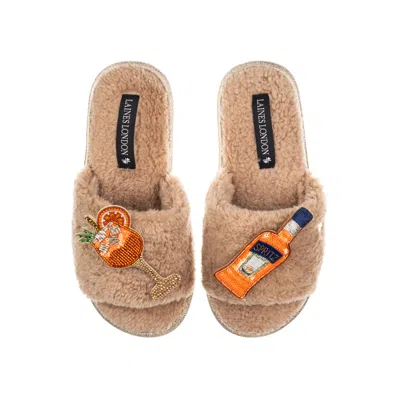 Laines London Women's Brown Teddy Towelling Slipper Sliders With Summer Spritzer Brooches - Toffee