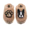 Laines London Women's Brown Towelling Closed Toe Slippers With Buddy Boston Terrier & Paw Brooches - Toffee In Brown