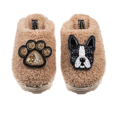 Laines London Women's Brown Towelling Closed Toe Slippers With Buddy Boston Terrier & Paw Brooches - Toffee