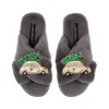 Laines London Women's Classic Laines Christmas Collection Slippers With Double Cream & Gold Christmas Car Brooches In Gray