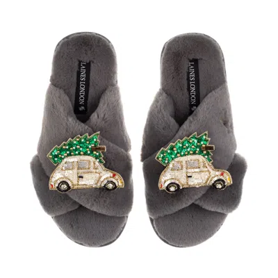 Laines London Women's Classic Laines Christmas Collection Slippers With Double Cream & Gold Christmas Car Brooches In Gray