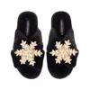 Laines London Women's Classic Laines Christmas Collection Slippers With Double Cream & Gold Snowflake Brooches - B In Black