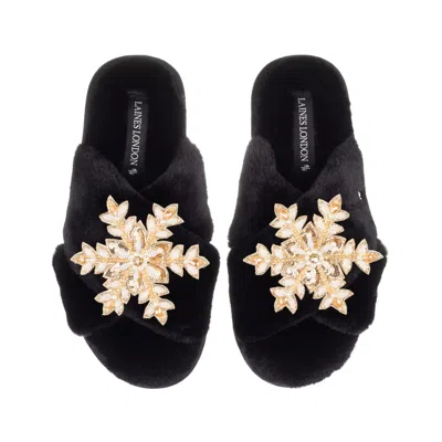 Laines London Women's Classic Laines Christmas Collection Slippers With Double Cream & Gold Snowflake Brooches - B In Black