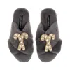 Laines London Women's Classic Laines Christmas Collection Slippers With Double Gold & Silver Candy Cane Brooches - In Gray