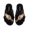 Laines London Women's Classic Laines Christmas Collection Slippers With Double Gold Grand Nutcrackers Brooches - B In Black