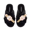 Laines London Women's Classic Laines Christmas Collection Slippers With Double Pink Grand Nutcrackers Brooches - B In Black