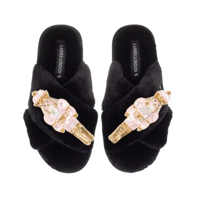 Laines London Women's Classic Laines Christmas Collection Slippers With Double Pink Grand Nutcrackers Brooches - B In Black