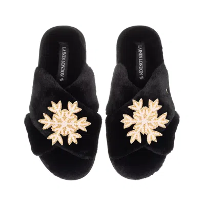 Laines London Women's Classic Laines Christmas Collection Slippers With Double Pink Snowflake Brooches - Black
