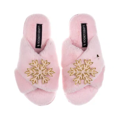 Laines London Women's Classic Laines Christmas Collection Slippers With Double Pink Snowflake Brooches - Pink