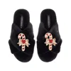 Laines London Women's Classic Laines Christmas Collection Slippers With Double Red Candy Cane Brooches - Black In Black