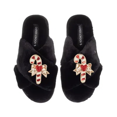 Laines London Women's Classic Laines Christmas Collection Slippers With Double Red Candy Cane Brooches - Black