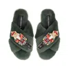 Laines London Women's Classic Laines Christmas Collection Slippers With Double Red Grand Nutcrackers Brooches - Li In Green