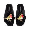 Laines London Women's Classic Laines Christmas Collection Slippers With Double Robin Brooches - Black In Black