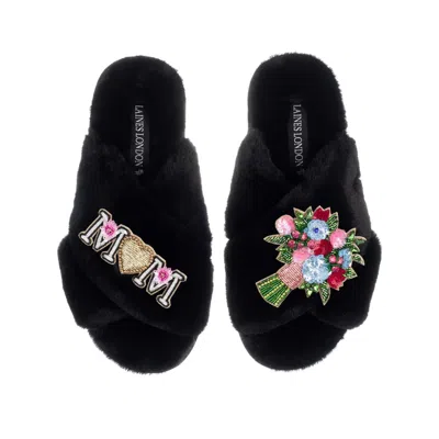 Laines London Women's Classic Laines Mother's Day Slippers With Floral Bouquet & Mum / Mom Brooches  - Black In Multi