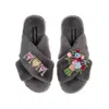 Laines London Women's Classic Laines Mother's Day Slippers With Floral Bouquet & Mum / Mom Brooches - Grey In Grey