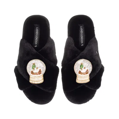 Laines London Women's Classic Laines Slippers Christmas Collection With Double Snow Globe Brooches - Black